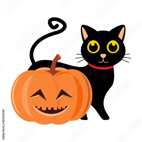 Black cat and halloween pumpkin . Cartoon character . Vector illustration . © stockdevil