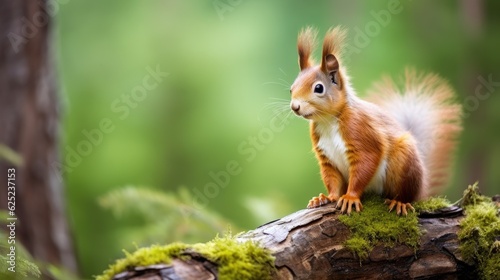 The Eurasian red squirrel (Sciurus vulgaris) in its natural habitat in the forest. Generative AI