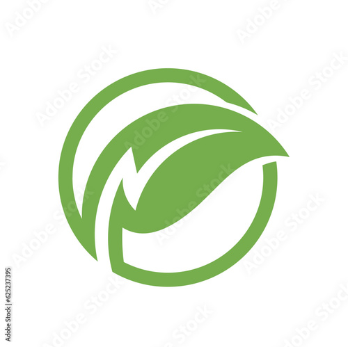 natural energy green leaf symbol with thunderbolt icon.