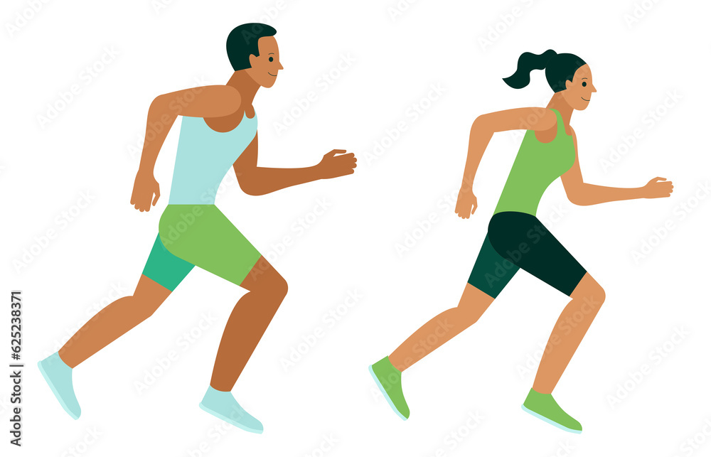 Png illustration  in simple flat style and characters - man and woman running in the park - sport poster and banner - healthy life style concept