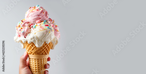 Colorful ice cream in hand close-up on light banner background with copy space. Generative AI	