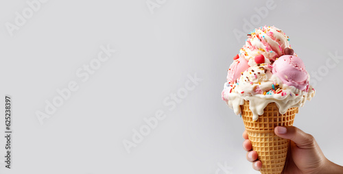 Colorful ice cream in hand close-up on light banner background with copy space. Generative AI	