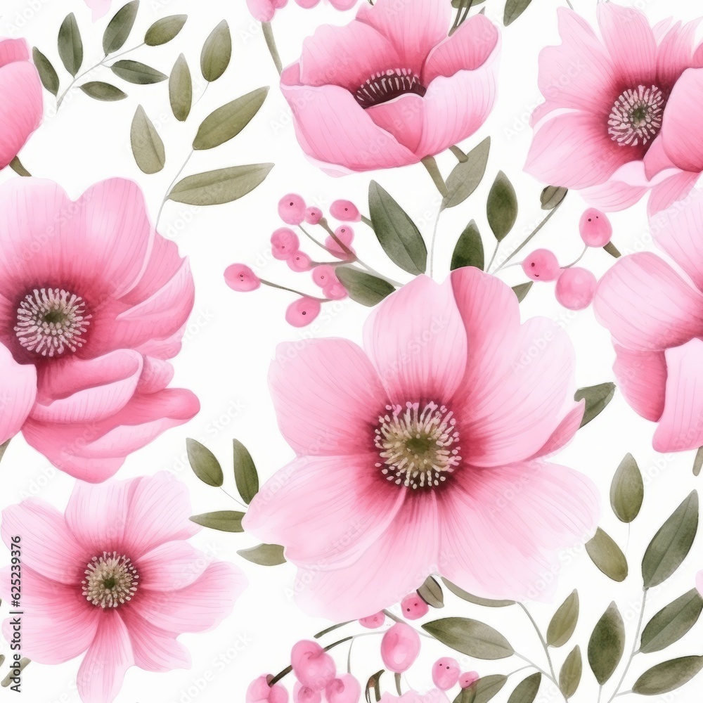 Delicate pink watercolor flowers seamless pattern on white, Generative AI
