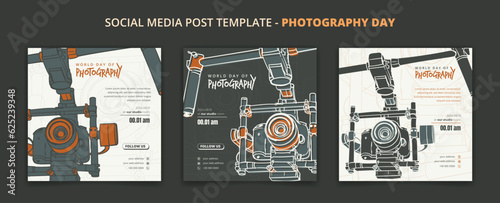 Camera with stabilizer in social media post template for photography day campaign design