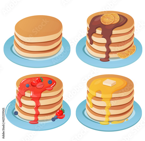 Pancakes cartoon style. Pancakes with maple syrup, caramel, butter, honey, strawberry jam, american breakfast, vector