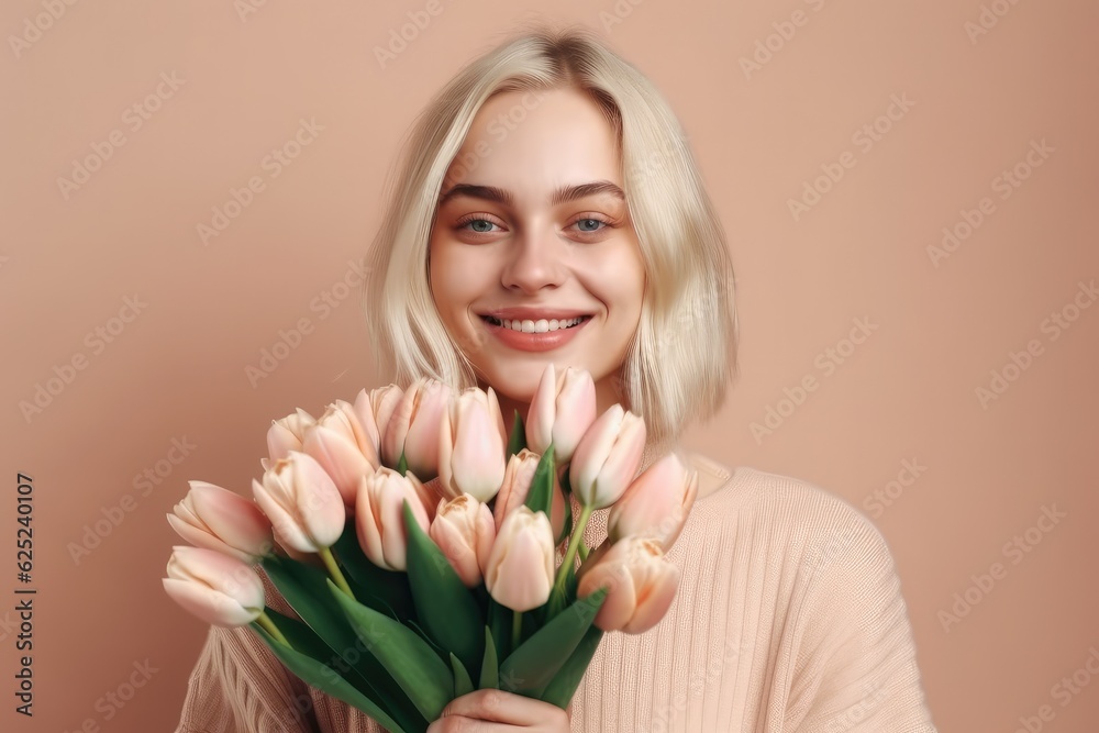 Beautiful blond woman holding a lovely bouquet full of tulips. Ai generative. Beautiful blond woman holding a lovely bouquet full of tulips. Ai generative.