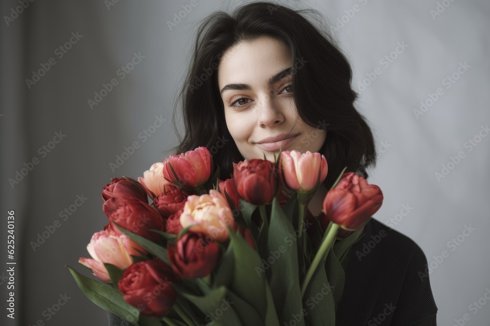 Beautiful brunette woman holding a lovely bouquet full of tulips. Ai generative. Beautiful brunette woman holding a lovely bouquet full of tulips. Ai generative.