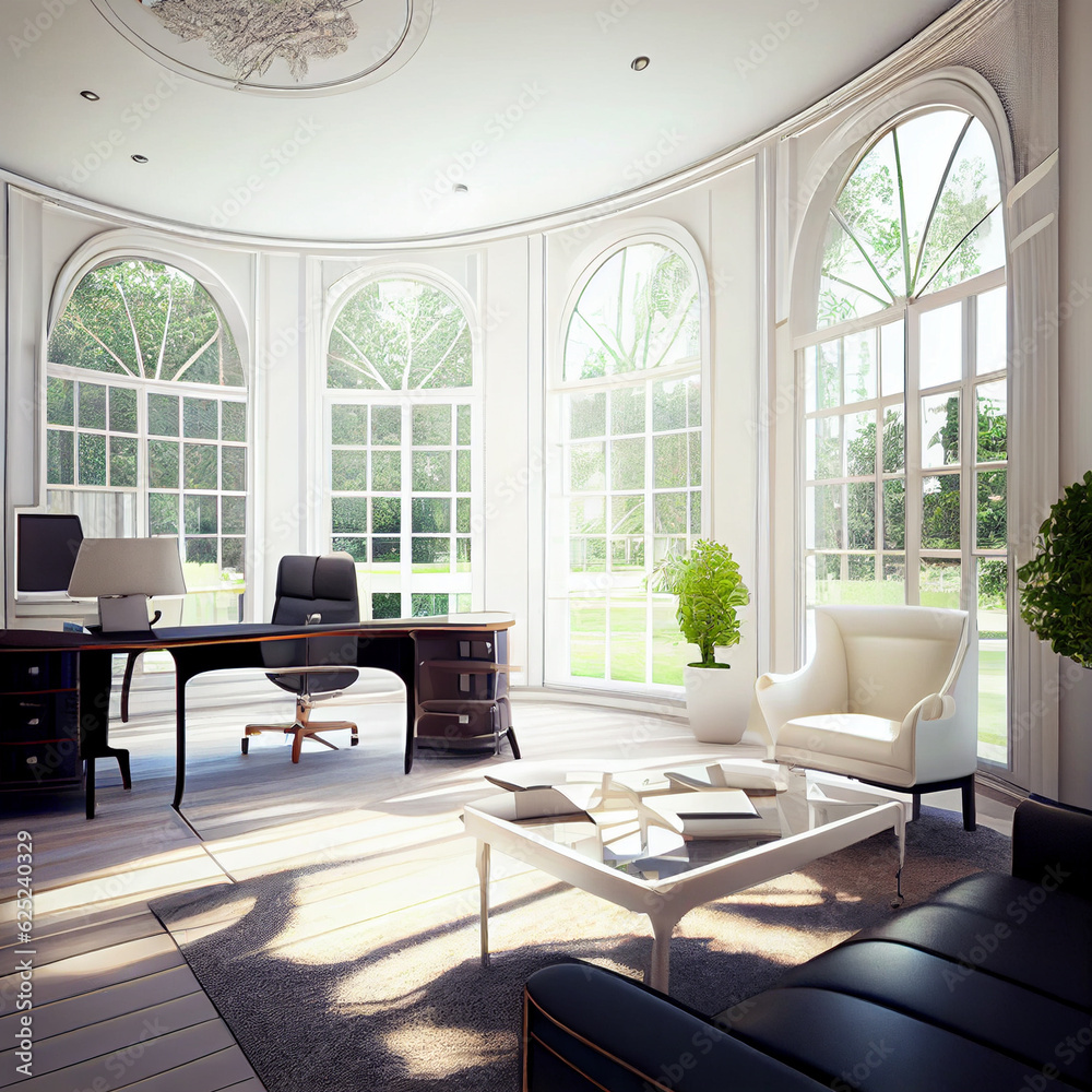 Fototapeta premium empty office in a country house with high ceilings and large windows. Luxury Cabinet interior
