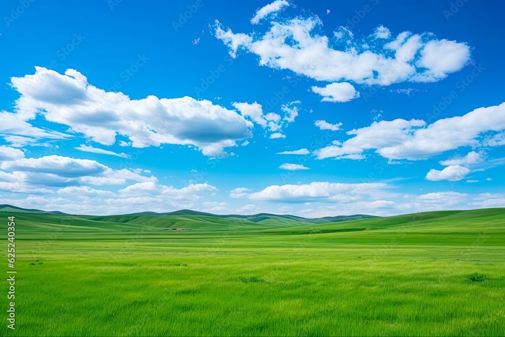 China's Inner Mongolia Natural Grassland. A Spring Green Field with Rolling Hills, Blue Sky and Clouds. Perfect Natural Background: Generative AI
