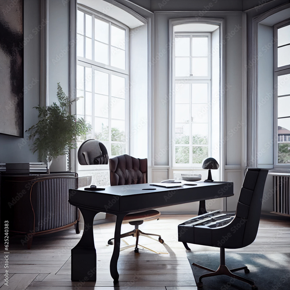 empty office in a country house with high ceilings and large windows. Luxury Cabinet interior empty office in a country house with high ceilings and large windows. Luxury Cabinet interior