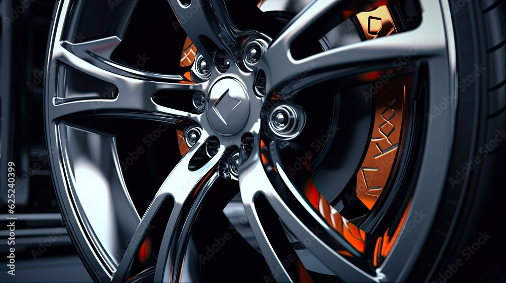Closeup of Sports Car Wheel with Low-Profile Tire on Alloy Rim. Generative AI Closeup of Sports Car Wheel with Low-Profile Tire on Alloy Rim. Generative AI