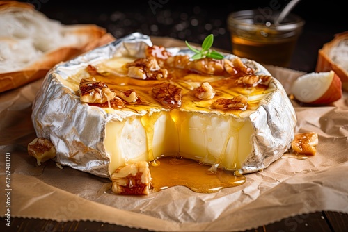 Baked Brie with a Sweet Twist: Homemade Camembert with Honey Drizzle, Perfect Dairy Appetizer for Epicure Foodies: Generative AI