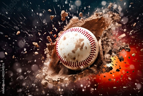 Classic Baseball Hit with Disintegrating Ball on Athletic Background. Generative AI