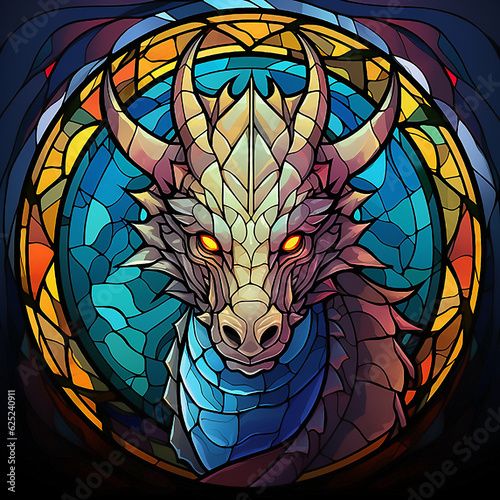 Illustration of a dragon stained glass. AI generated 300 ppi