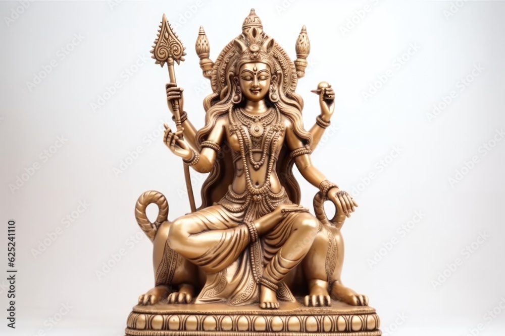 Little sculpture of god durga on white background