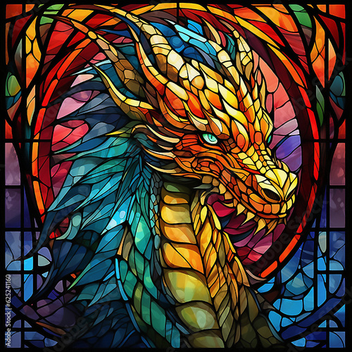 Illustration of a dragon stained glass. AI generated 300 ppi