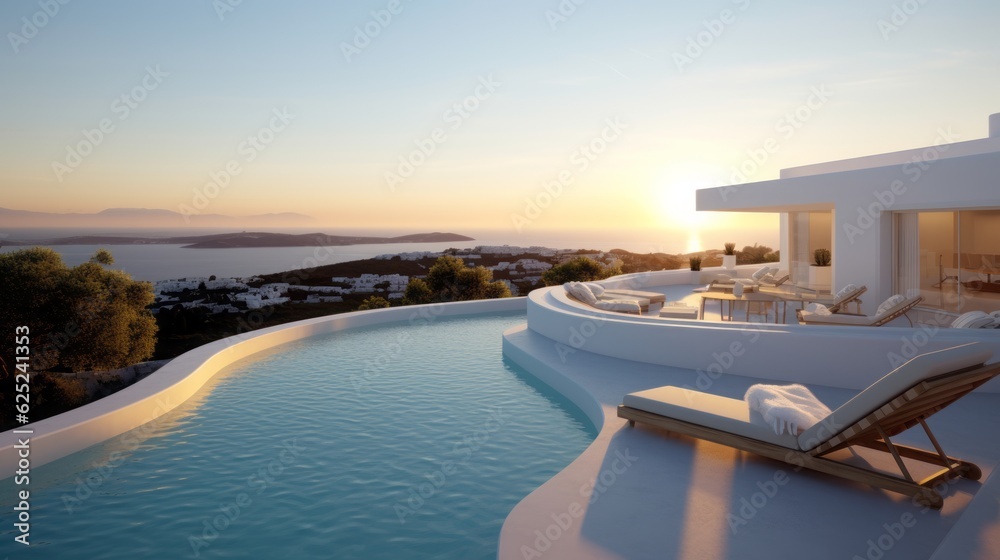 Fototapeta premium Sunlit Elegance: Hotel with Oceanic Backdrop - Generated by AI