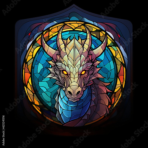 Illustration of a dragon stained glass. AI generated 300 ppi
