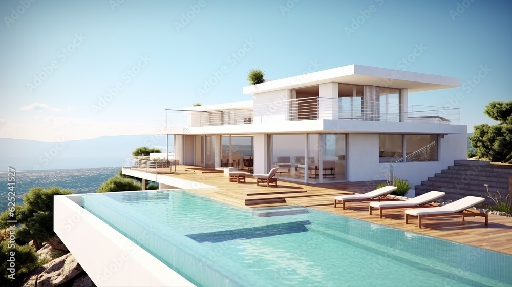 Fototapeta premium Luxe by the Sea: Hilltop Hotel Oasis - Generated by AI