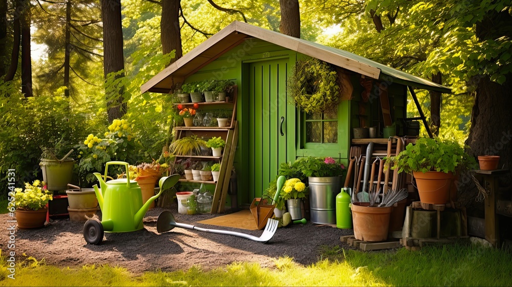 Garden Shed Filled with Tools and Greenery. Storage Hut with Gardening Equipment in Sunny Garden Backdrop. Perfect for Yard and Nature-Lovers: Generative AI Garden Shed Filled with Tools and Greenery. Storage Hut with Gardening Equipment in Sunny Garden Backdrop. Perfect for Yard and Nature-Lovers: Generative AI
