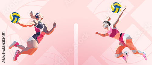 Low poly sports background. Young girls beach volleyball match in red background. Fitness  Championships  Competitions  Summer Holidays  illustration 