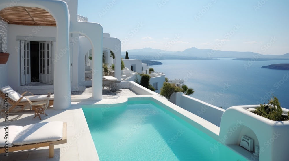 Fototapeta premium Coastal Elegance: Sunlit Luxury Hotel - Generated by AI