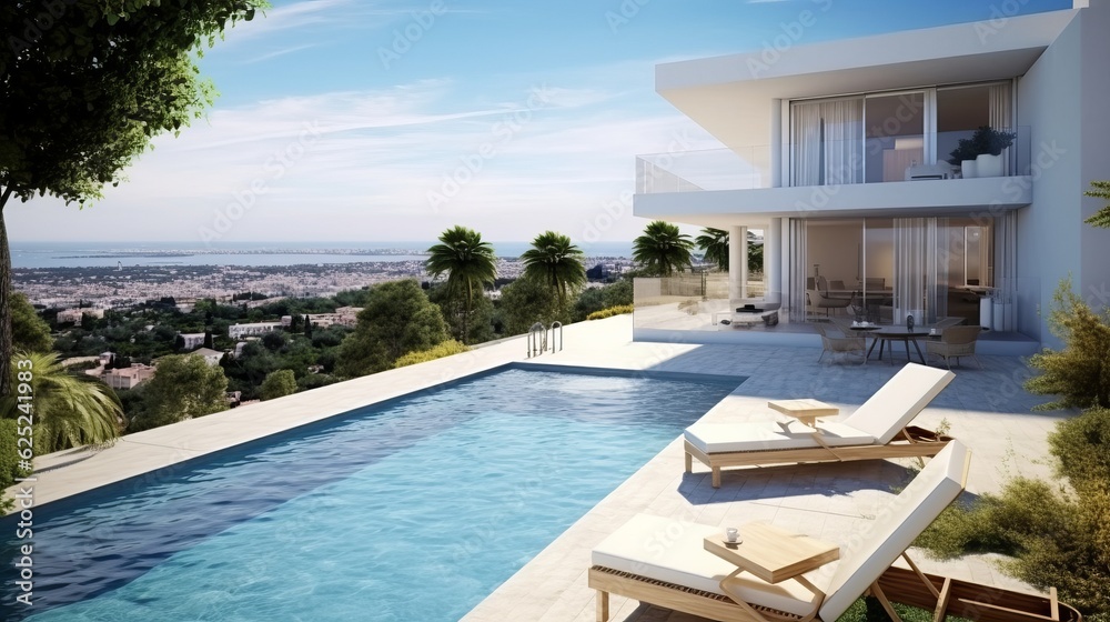 Fototapeta premium Elevated Elegance: Sunlit Seaside Hotel - Generated by AI