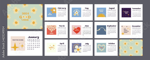 Calendar 2024 template design in Groovy retro style with positive motivation