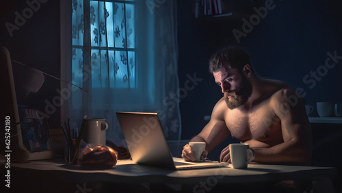 gorgeous athletic beraded shirtless caucasian man in white singlet using laptop pc at late evening in kitchen, neural network generated image photo