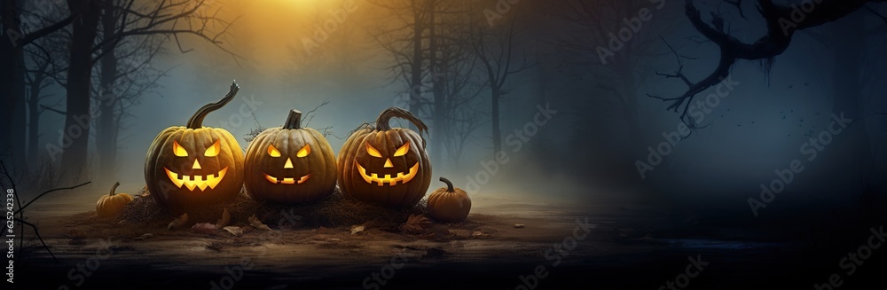 Banner, Dark Atmosphere with Glowing Jack-O-Lanterns - Generative ai Banner, Dark Atmosphere with Glowing Jack-O-Lanterns - Generative ai