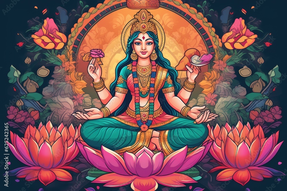 Fototapeta premium Cultural goddess laxmi smiling sitting on the lotus with floral background