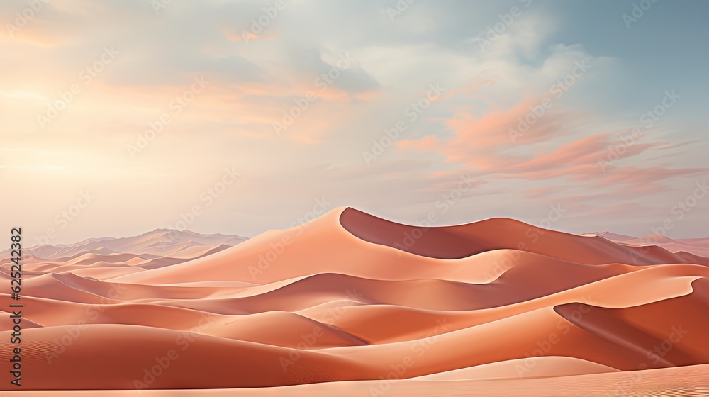  a painting of a desert landscape with sand dunes and mountains.  generative ai