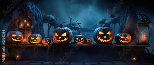 Halloween Jack-o-Lanten pumpkin in a Spooky Setup - Generative ai