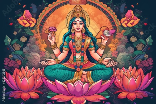 Cultural goddess laxmi smiling sitting on the lotus with floral background