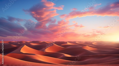  a sunset over a desert landscape with sand dunes and clouds. generative ai