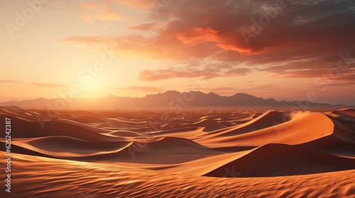  a sunset over a desert landscape with sand dunes and mountains. generative ai