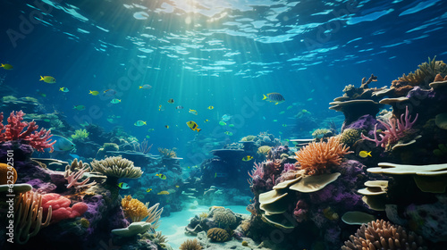 Photographie beautiful underwater scenery with various types of fish and coral reefs