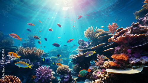 Tableau sur toile beautiful underwater scenery with various types of fish and coral reefs