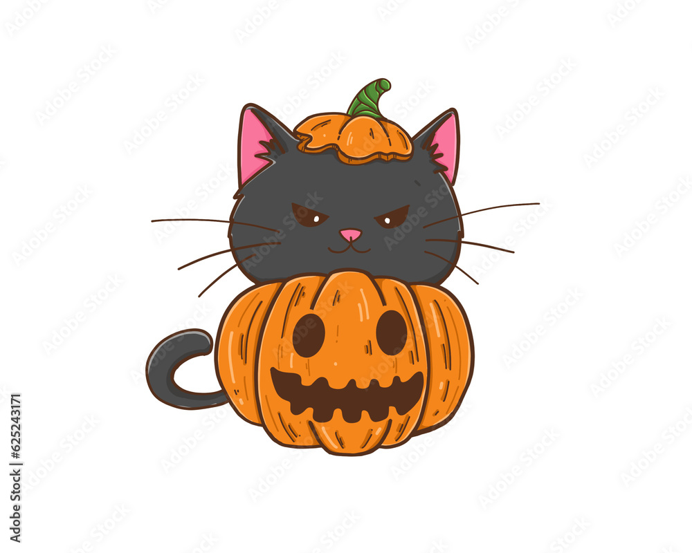 Cute pumpkin head face grey black cat Halloween hand draw illustration Cute pumpkin head face grey black cat Halloween hand draw illustration