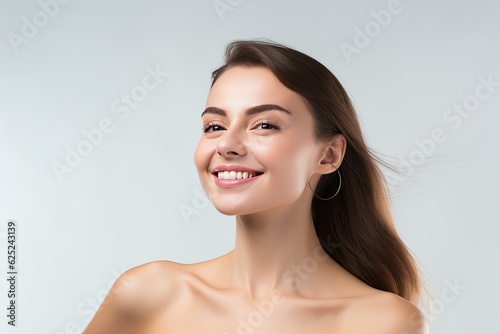 Portrait of a happy, confident, and healthy Caucasian woman with glowing skin and positivity. Generative AI