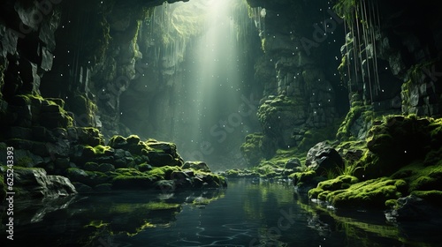  a cave filled with lots of green plants and water surrounded by rocks.  generative ai