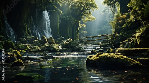  a stream running through a lush green forest filled with rocks.  generative ai