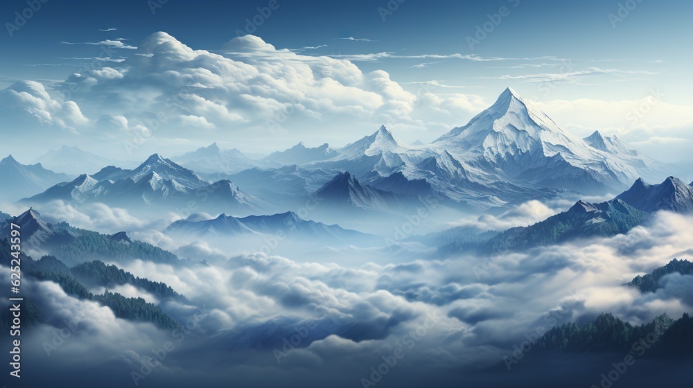  a painting of a mountain range with clouds and a blue sky.  generative ai