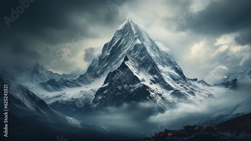  a very tall mountain covered in snow under a cloudy sky. generative ai