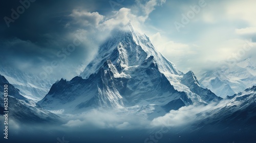  a very tall mountain in the middle of a cloudy sky. generative ai