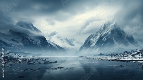  a mountain range with a body of water in the foreground.  generative ai © Jevjenijs