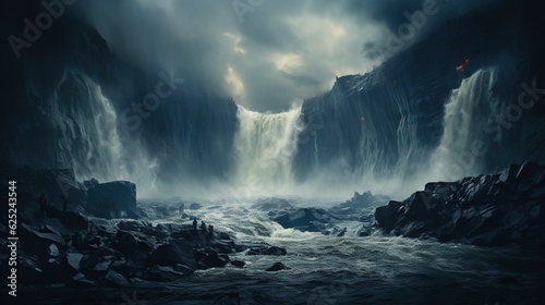  a large waterfall surrounded by rocks in a dark, cloudy sky.  generative ai © Jevjenijs
