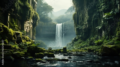  a waterfall in the middle of a jungle with moss growing on the rocks. generative ai
