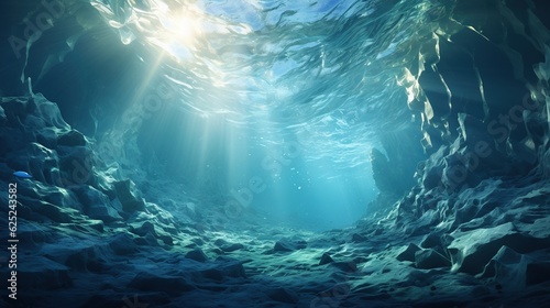  an underwater view of a cave with sunlight streaming through the water. generative ai