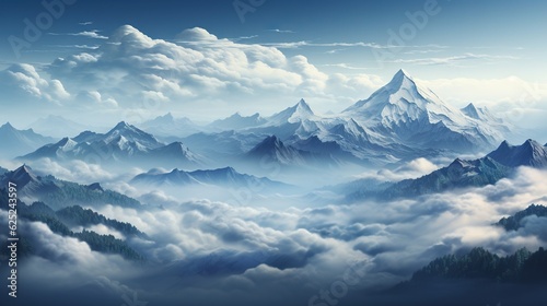  a painting of a mountain range with clouds and a blue sky. generative ai